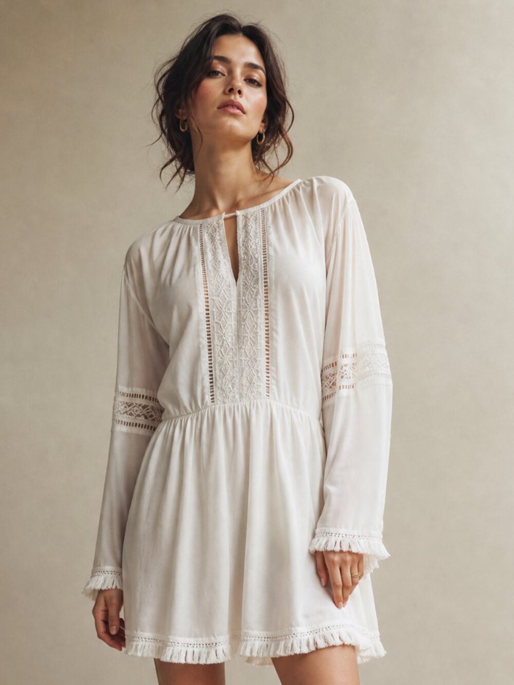 White Boho Long Sleeve Dress